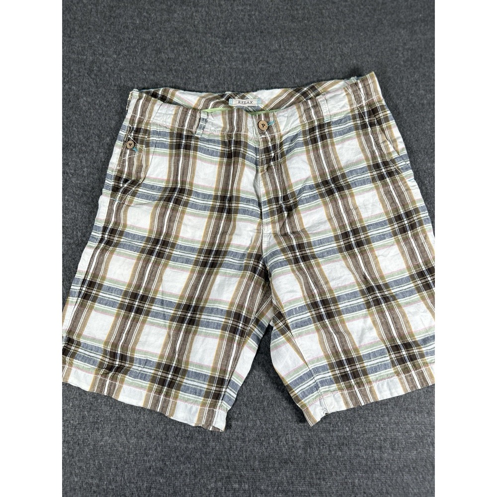 Tommy Bahama Shorts Mens Size 34x10 Linen Blend Chino Blue Gray Yellow Plaid